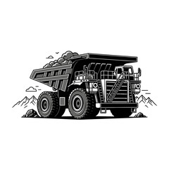 Modern Black and White of Large Mining Dump Truck Carrying Rocks and Debris on Rough Terrain with high quality professional line art symbols for modern creative design and digital branding projects © Enzil