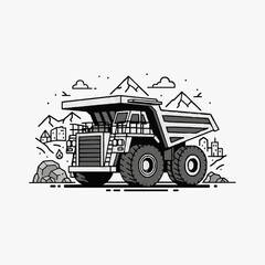 Modern Black and White of Large Mining Dump Truck with Mountainous and Small Town with high quality professional line art symbols for modern creative design and digital branding projects © Enzil