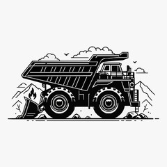 Modern Black and White of Large Mining Dump Truck Hauling Rocks and Debris in Industrial Setting © Enzil