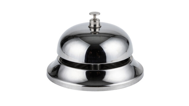 Shiny chrome hotel reception desk bell, isolated on transparent background