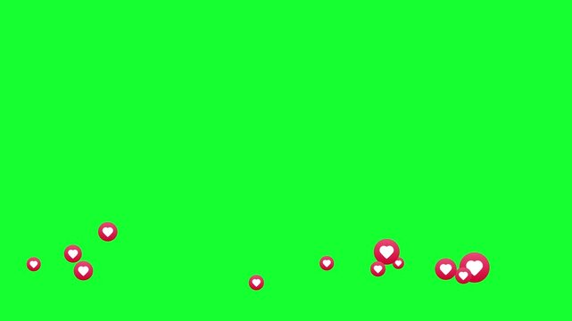 floating heart reaction icons social media engagement animation on green background, social media like notification hearts animation with green screen chroma key, animated social media heart likes 