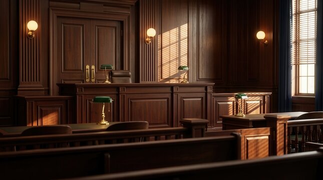 Grand wooden courtroom interior featuring a judge's bench and defendant and plaintiff tables.