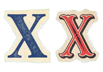 Two vintage letter X cutouts from old papers with distressed blue and decorative red typography © Septi.First