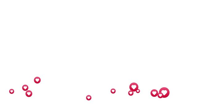 floating heart reaction icons social media engagement animation on white  background, social media like notification hearts animation with white  screen chroma key, animated social media heart likes 