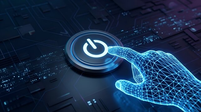 Artificial Intelligence Wireframe Hand Pressing Blue Glowing Power Button on Digital Circuit Board Technology Concept