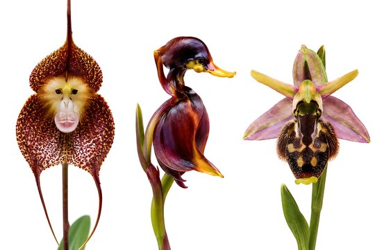 Set of rare and bizarre exotic orchids resembling animal faces on white background