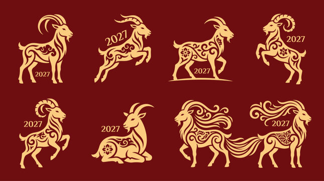Celebrating the year of the goat in 2027 a detailed vector bundle depicting traditional chinese zodiac symbolism and cultural significance