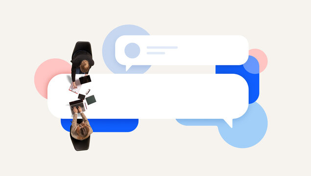 Top view of office pair reviewing documents at illustrated chat table with focused posture. CRM services, customer retention, sales enablement concept.