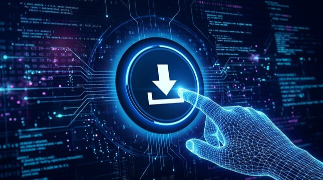 Futuristic wireframe hand pressing a glowing digital download button on a virtual cyber security background with binary code