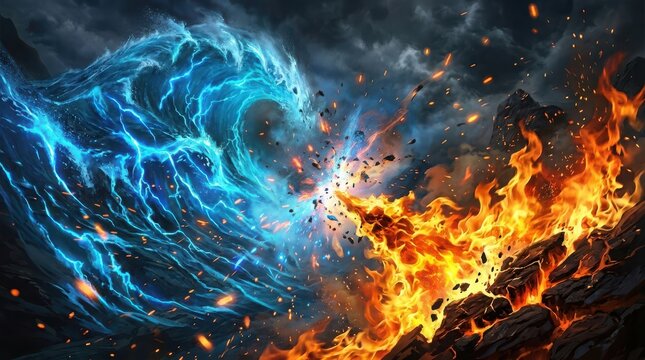 Abstract background featuring a dramatic clash between glowing blue electric lightning energy and intense bright orange fire flames