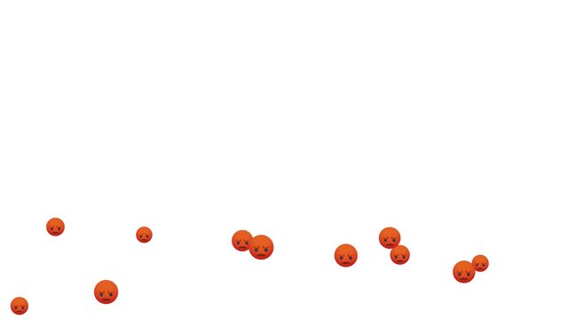 animated angry face emojis floating  on white background, internet rage and negative social media reaction overlay, floating red angry face emoji reactions, social media livestream dislike 