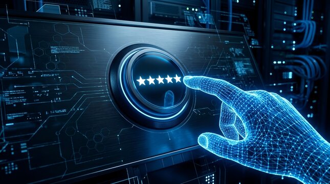 Futuristic cybernetic hand touching virtual button with five star rating, AI technology and user experience customer feedback concept