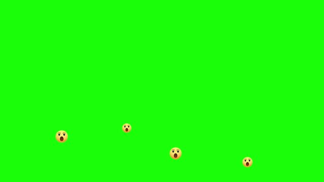 animated surprised face emojis floating upward on green screen, shocked reaction icons for social media livestream overlay, stream of wow  emoji faces rising on bright green background, 
