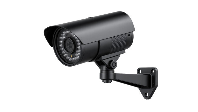 Black outdoor security camera with infrared LEDs mounted on bracket, isolated on transparent background