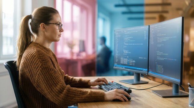 Software engineer working in a stylish coworking space with multiple monitors and a laptop, developing code for a SaaS platform.