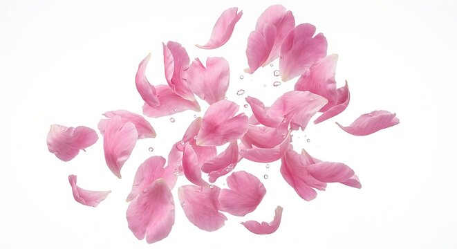 High-speed photography of fresh pink peony petals exploding and floating in mid-air on a pure white background.