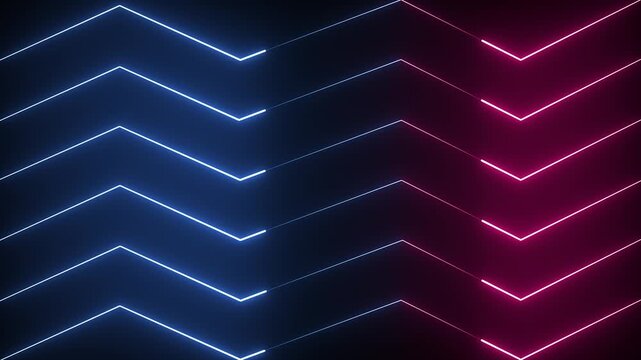 Blue and pink neon zigzag lines moving in a seamless loop on dark background, motion graphic