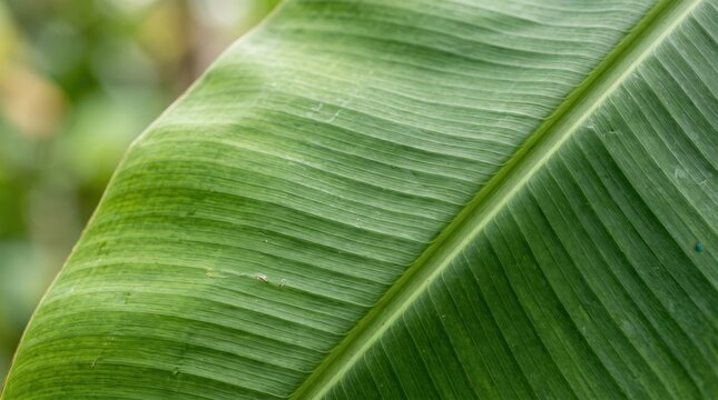 Close-up macro photography of vibrant green banana leaf texture showing intricate parallel veins and natural patterns against a soft blurred background.