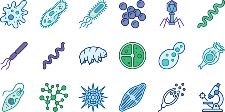Microbiology and Bacteria Microscopic Organism Line Icon Set with Scientific Laboratory Research Symbols
