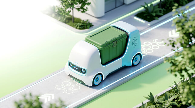 Autonomous electric delivery pod navigating a city street with green storage compartment