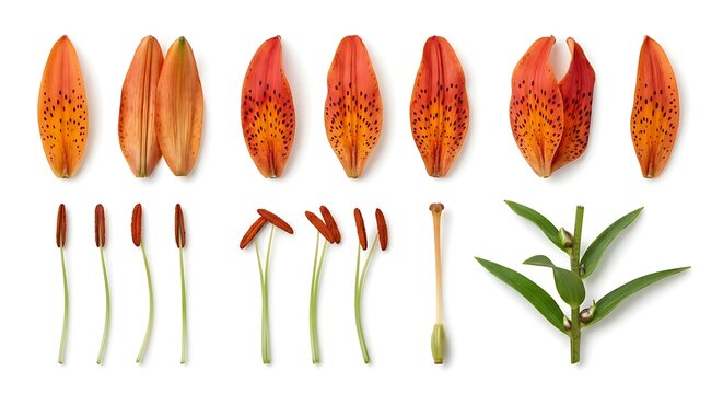 Botanical knolling layout of a dissected tiger lily showing isolated petals, stamen, and stem on a white background.