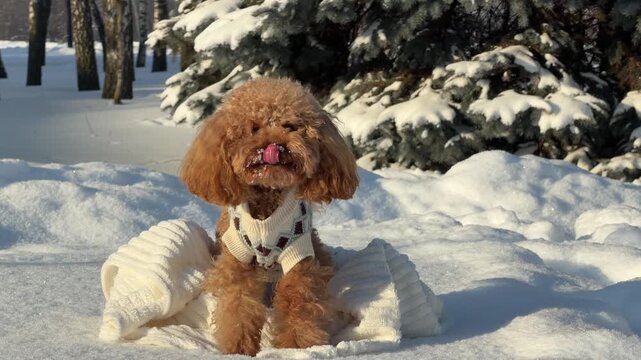 Toy poodle paused on snowy park walk center foreground wearing knit sweater and harness in warm
