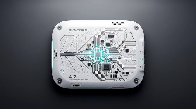 Bio-core a-7 module with intricate circuitry and glowing central core featuring a7, technology