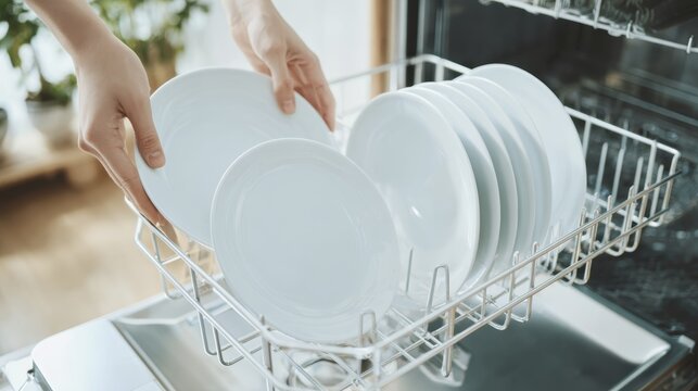Person loading clean white dishes into an open dishwasher in a modern kitchen setting