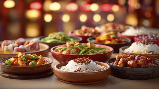 Delicious variety of asian cuisine dishes in bowls on a rustic wooden table with warm lighting