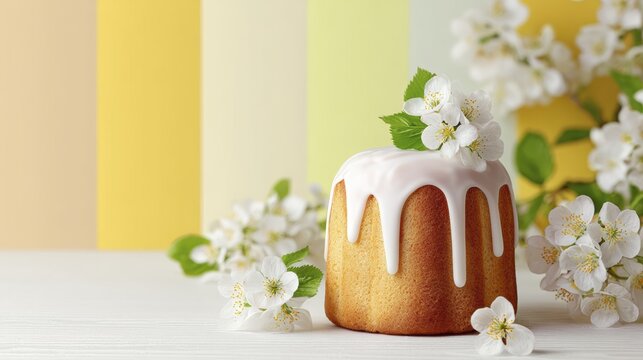 Elegant spring cake with white frosting and blossoms on pastel background