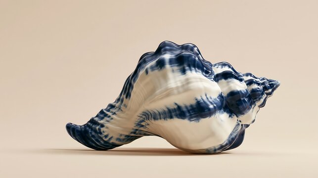 Ceramic conch shell with blue and white porcelain pattern on beige background
