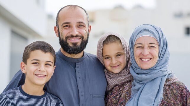 Happy family portrait outdoors: smiling parents and children in traditional clothing
