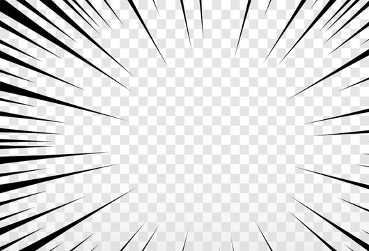 Manga motion radial lines with gradient. Anime action frame lines. Abstract explosive template with speed lines on transparent background. Flash explosion radial lines Vector illustration