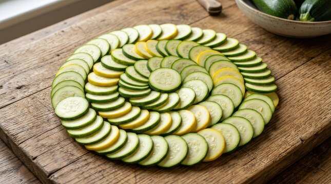 Sliced zucchini and yellow squash arranged in a spiral on a wooden cutting board
