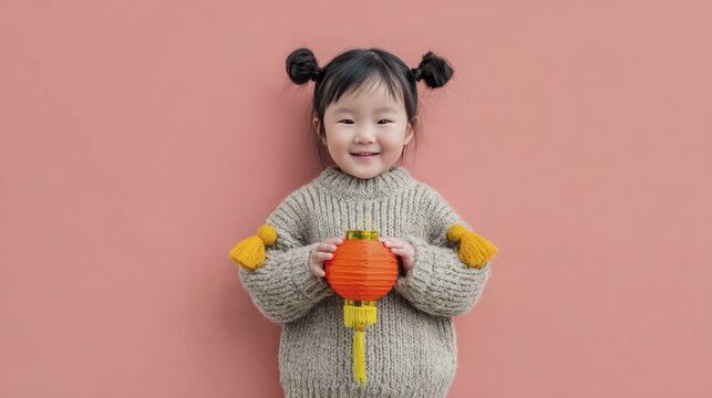 Adorable child holding lantern against pink background