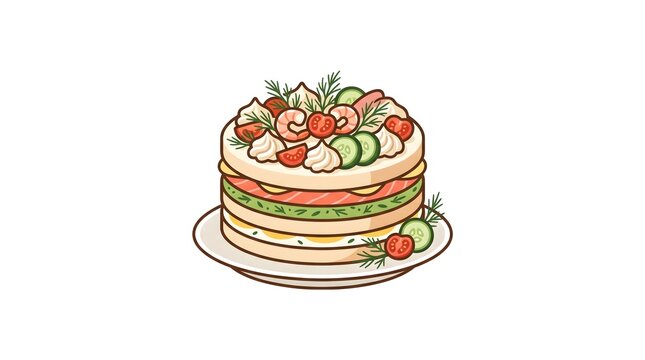 Vector illustration of a traditional Swedish savory sandwich cake, known as Sm&ouml;rg&aring;st&aring;rta, beautifully layered and garnished with fresh shrimp