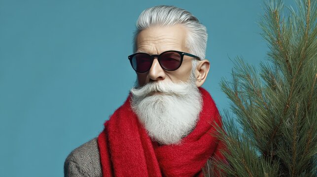 Trendy elderly gentleman with red scarf and sunglasses holding a pine branch