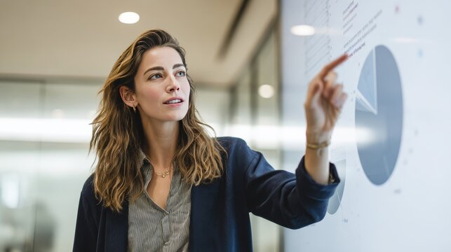 Confident businesswoman presenting data on interactive screen in modern office
