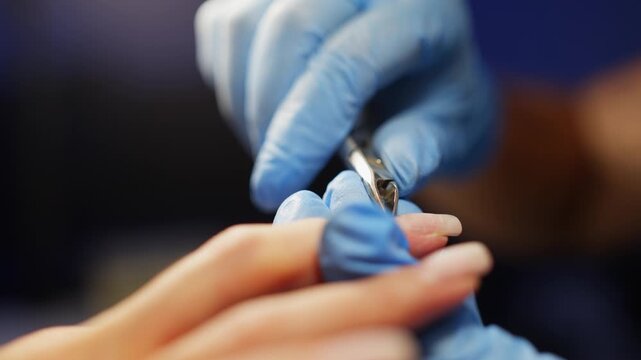 Manicurist carefully removes woman cuticles with professional nippers during manicure procedure in beauty salon providing detailed nail care for beautiful healthy hands. High quality 4k footage