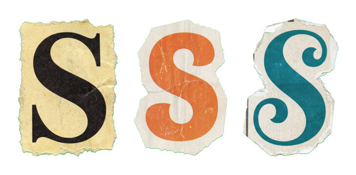 Set of three ransom note style cut out letters S from magazines and newspapers with different fonts
