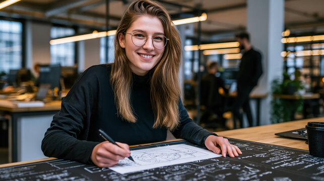 Smiling female architect drawing on blueprint at modern office workspace