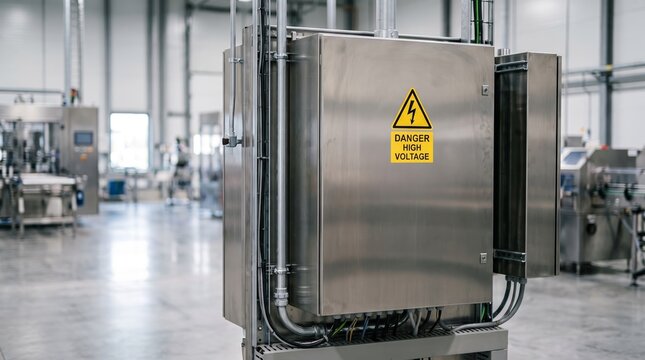 Industrial electrical cabinet. Industrial electrical panel with high voltage warning sign at the factory. Stainless steel electrical cabinet with a yellow warning sign for dangerously high voltage