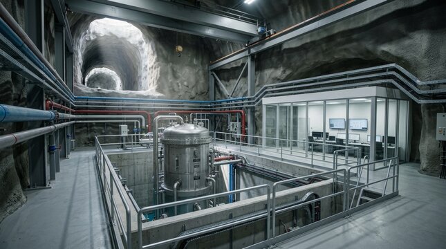 Underground SMR. a modern protected compact reactor in an underground energy complex. Underground SMR reactor facility, modern compact nuclear reactor in rock cavern, control room, industrial pipes