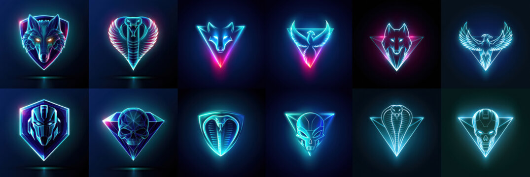 Neon animal emblem illustration in glowing geometric style