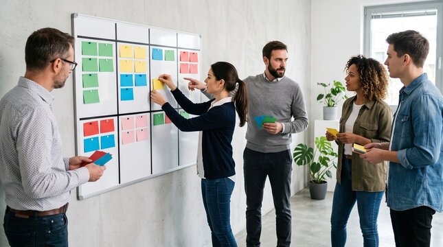 Diverse multicultural business team collaborating during professional strategy workshop meeting brainstorming creative solutions using colorful sticky notes