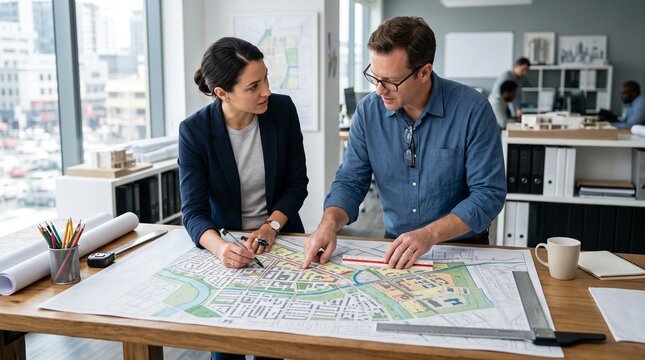Professional architects collaborating closely on urban planning blueprint design within bright modern office workspace environment