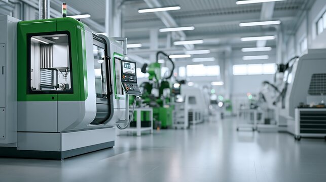 Modern smart factory interior with green CNC machinery and automated systems
