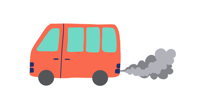 Hand-drawn cartoon illustration of a red van emitting grey exhaust smoke, representing vehicle air pollution and carbon emissions, isolated on a transparent background.