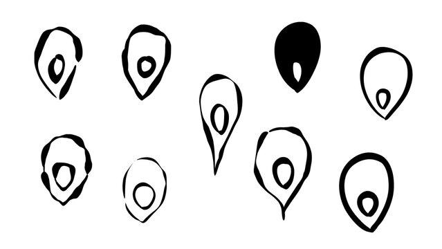 Hand drawn map pointer pin icons set isolated on transparent background. Doodle sketch of location markers, navigation symbols, and pointer drops.