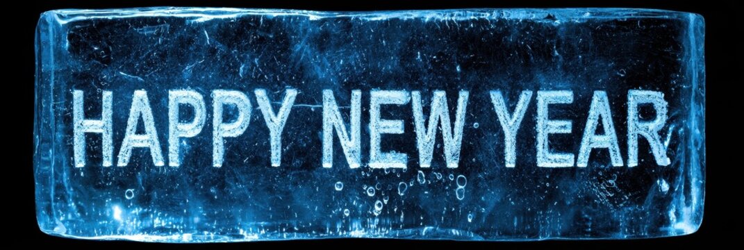 Happy New Year text frozen in a translucent blue ice block, illuminated against a dark background, celebrating winter holidays and new beginnings.